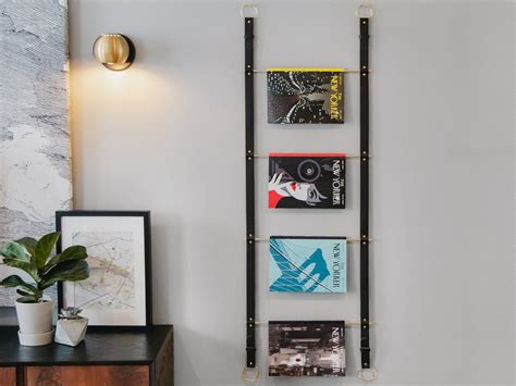 Hanging Magazine Ladder Rack Black Matte Italian Leather And Brass In