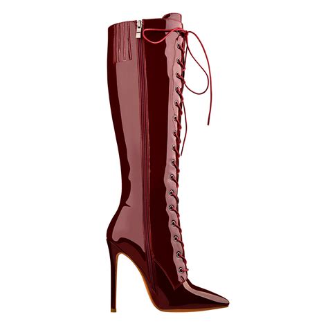 Red Patent Leather Lace Up Pointed Toe Knee High Boots Onlymaker