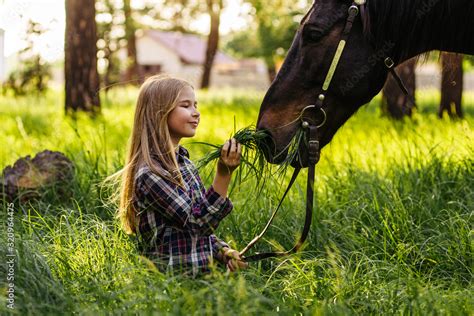Young Blonde Girl Stroking A Brown Horse A Teenager Child Feeds A