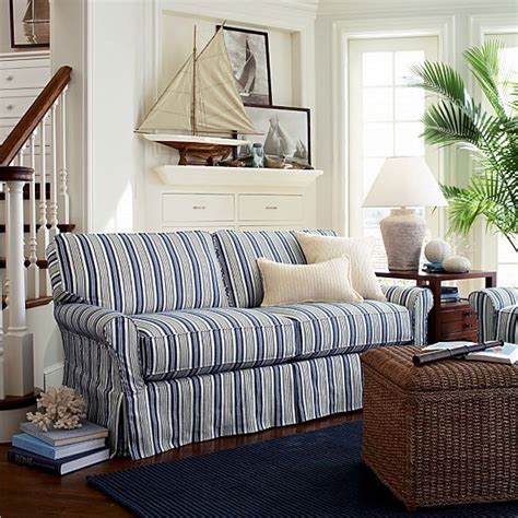 Blue And White Striped Sofa Beachynautical Living Room Bayside