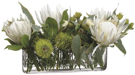 Lifelike White Protea Floral Arrangement In Rectangular Glass Vase