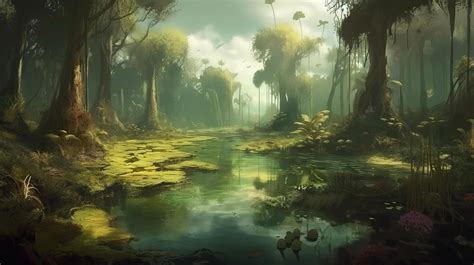 Swamp Fantasy Backdrop Concept Art Realistic Illustration Background