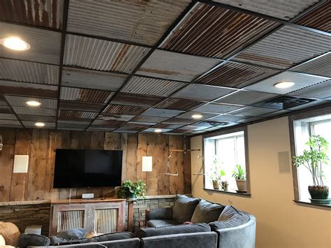 Basement Entertainment Room With Barn Tin Ceiling Tiles From Dakota Tin