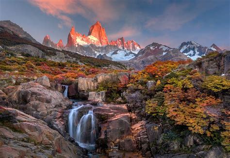 Secret Waterfall In Autumn Forest Mt Fitz Roy In The Background Los