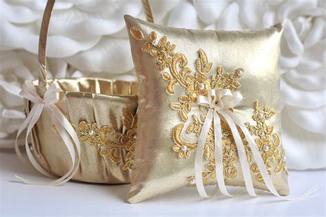 Flower Girl Basket And Ring Bearer Pillow Set Gold Wedding Etsy