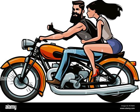 Biker With Girl Riding A Retro Motorcycle Cartoon Vector Illustration
