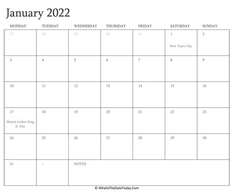 Editable Calendar January 2022 With Holidays Whatisthedatetodaycom