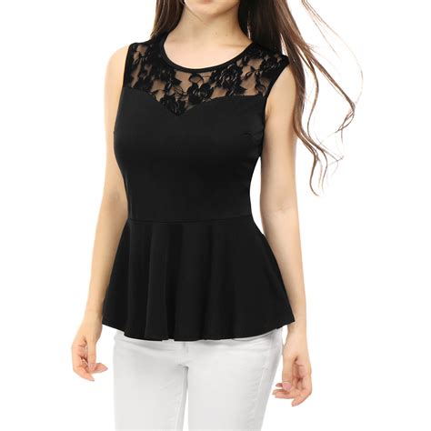 Women S Sleeveless Peplum Top With Sheer Lace Panel Black Size Xs 2 In 2021