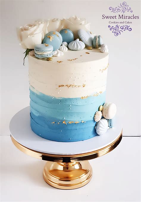 Blue Ombre Buttercream Cake With Macarons And Roses Confirmation