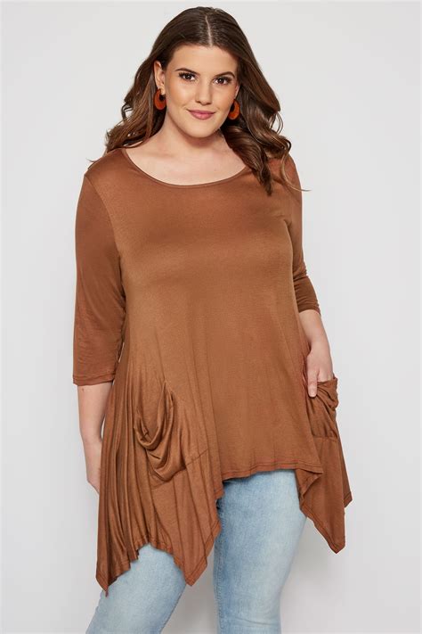 Size Up Brown Pocket Hanky Hem Top Sizes 16 To 36 Yours Clothing