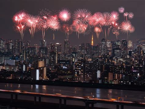 Fireworks Over Tokyo Cityscape At Night Japan Stock Image Image Of
