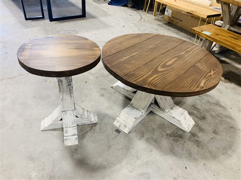 Round Farmhouse Rustic Coffee Table And End Table With Pedestal Base