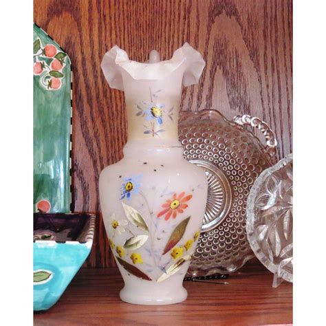 Vintage Hand Painted Glass Vase Fluted Lip Floral Design C 1920s
