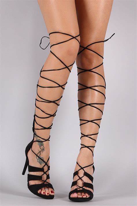 Wild Diva Lounge Suede Strappy Lace Up Gladiator Heel Black Lace Up