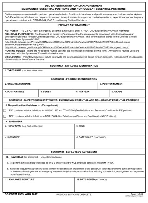 DD Form DoD Expeditionary Civilian Agreement Emergency Essential Positions And Non