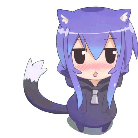 An Anime Character With Blue Hair And Black Eyes Wearing A Purple Cat Costume On Her Head