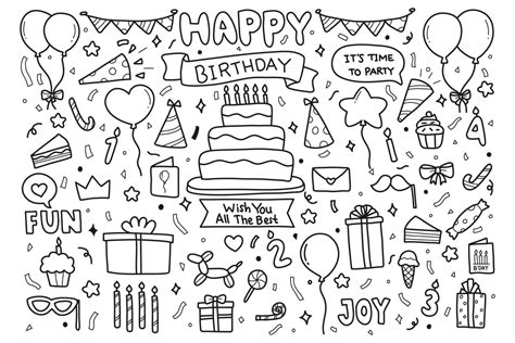 Hand Drawn Happy Birthday Party Doodle Elements Vector Art At Vecteezy