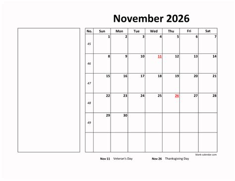 Free Download Printable November 2026 Calendar Large Box Holidays