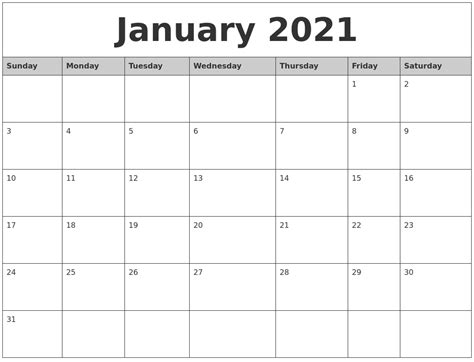 January 2021 Monthly Calendar Printable