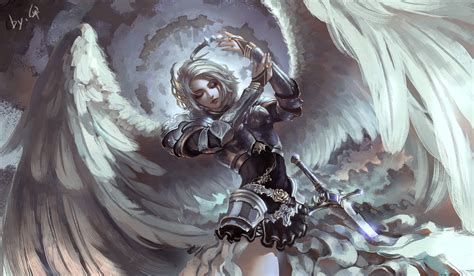 Angel With Sword Illustration Fantasy Art Angel Armor Wings Gray