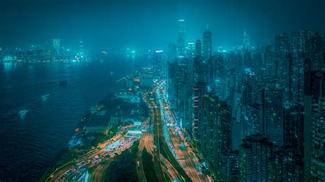 Download Wallpaper 2560x1440 Night City Fog Aerial View Buildings
