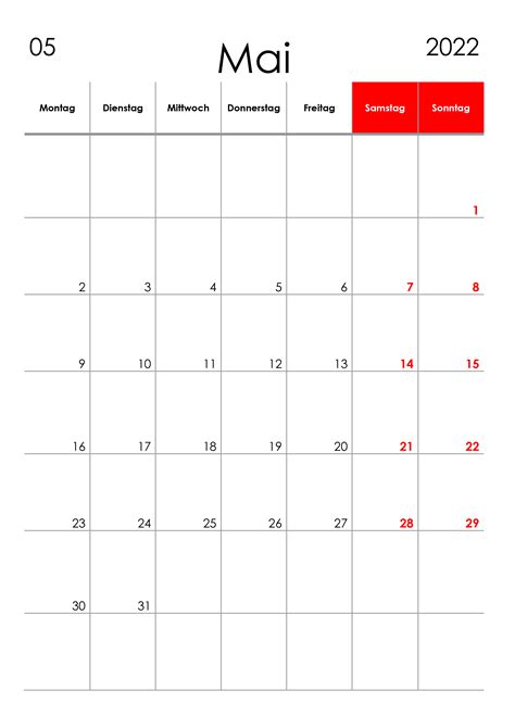 Kalender Mai 2022 Kleine Ziffern Im Hochformat Kalendersu