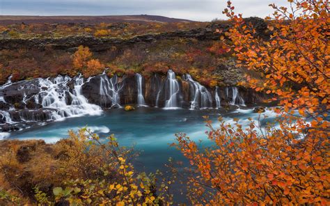 Hraunfossar Is A Waterfall In Iceland Autumn Landscape