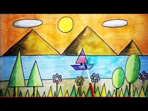 Drawing a scenery of rainbow over the river step by step.ho. (7) How to draw a scenery for small kids using geometrical ...