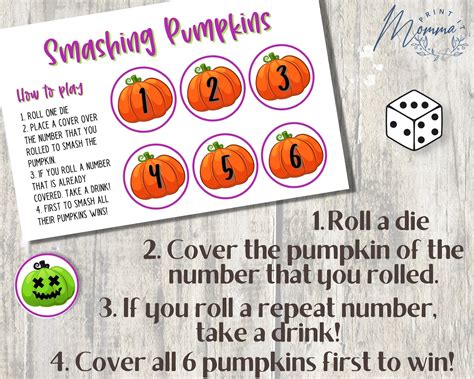 Halloween Adult Drinking Game Printable Smashing Pumpkins Dice Game