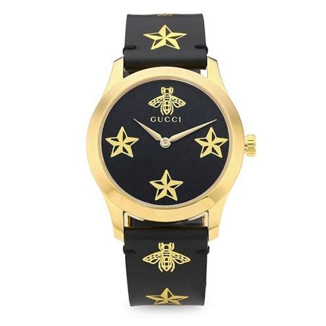Gucci G Timeless Black Leather Star Bees Dial Women S Watch Rt