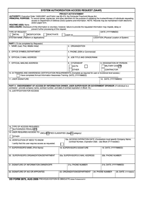 Fillable Dd Form 2875 System Authorization Access Request Saar