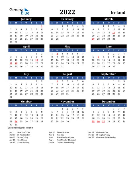 2022 Ireland Calendar With Holidays 2022 Ireland Calendar With
