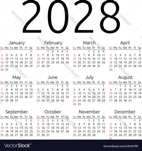 Calendar 2028 Sunday Royalty Free Vector Image