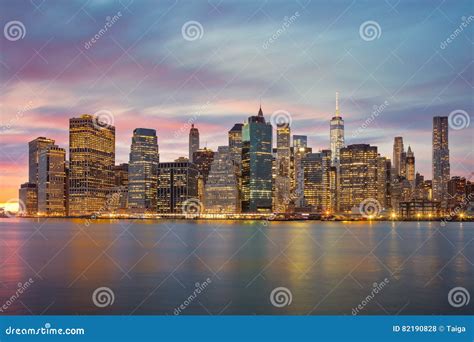 New York City Manhattan Skylines At Evening Time Great Illumination