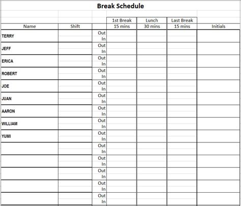 Employee Lunch Break Schedule Template Excel Template
