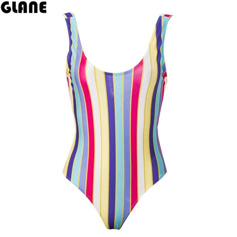 Women Sexy One Piece Swimsuit Rainbow Striped High Waist Bathing Suits Backless Bodysuit