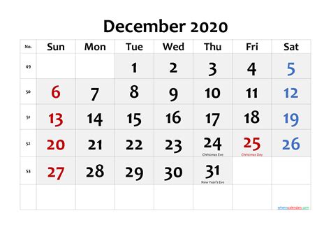 Free Printable December 2020 Calendar With Holidays
