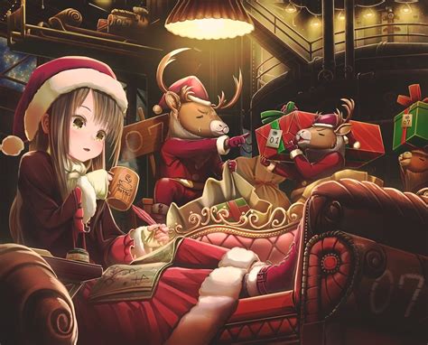 Two Red And Black Car Seats Anime Santa Hats Christmas Presents Hd