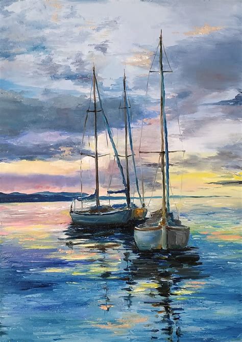 Sailboat Large Oil Painting Sailing Boat At Sunset Seascape Etsy