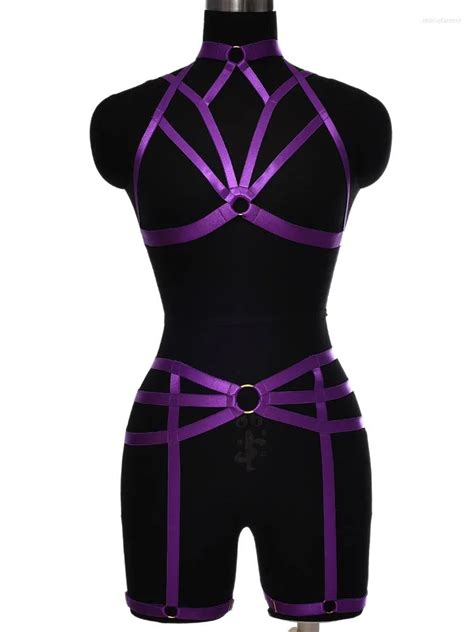 Garters Body Harness Bra Set Dark Purple Lingerie Belts Hollow Out