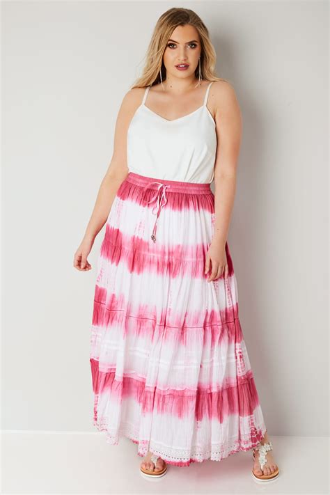 Pink And White Tie Dye Tiered Maxi Skirt With Lace Trim Hem Plus Size 16
