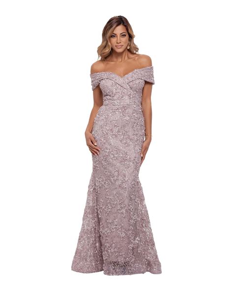 Xscape Long Off The Shoulder Lace Dress In Gray Lyst