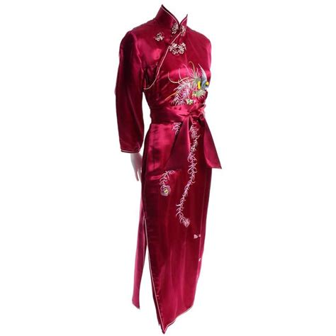 chinese vintage red silk cheongsam dress fine embroidery peacock bird motif 8 10 at 1stdibs