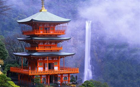 Japanese Temple And Waterfall