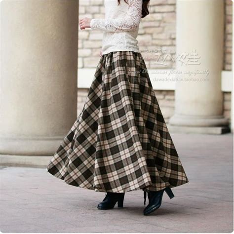 Women Vintage Maxi Skirt Woolen Plaid Long Retro Skirt Red Long Plaid