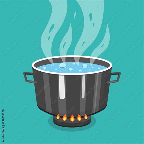 Boiling Water In Pan Cooking Pot On Stove With Water And Steam Flat