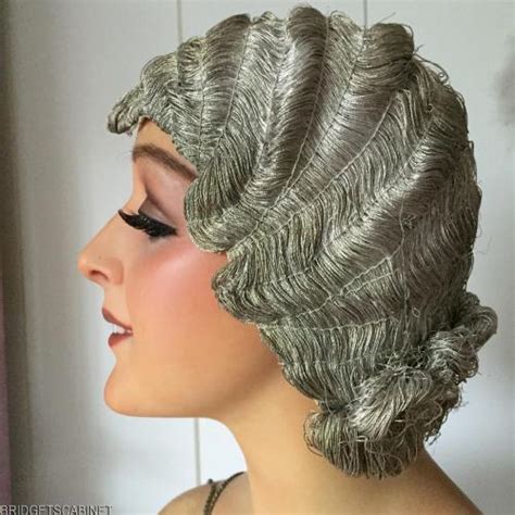 1920 Silver Metal Bullion Flapper Finger Wave Wig Cloche Mannequin