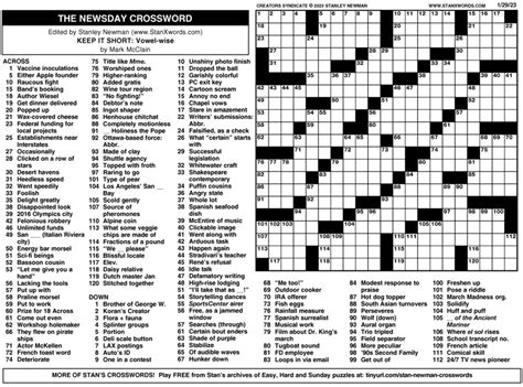 Newsday Crossword Sunday For Jan 29 2023 By Stanley Newman Creators