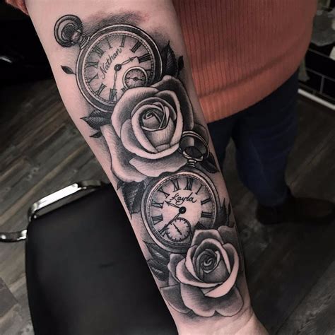 Roses are not just a beautiful flower but are popular choice for both women and men for a tattoo since the 1930's; Roses and watches by Ross Nagle #RossNagle #blackandgrey # ...
