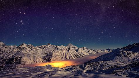 Landscape Nature Mountains Panorama Night Switzerland Stars Snow